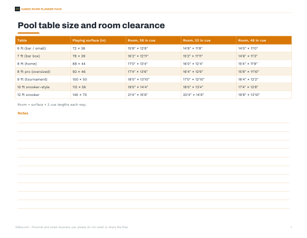 Preview of Printable Pool Table Size Chart